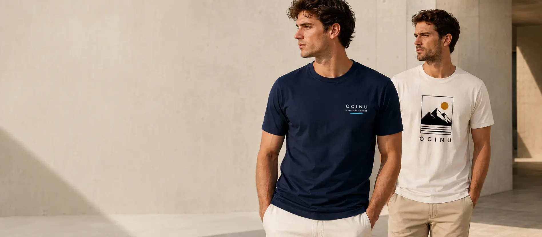 Modelos usando camisetas OCINU marinho e off white